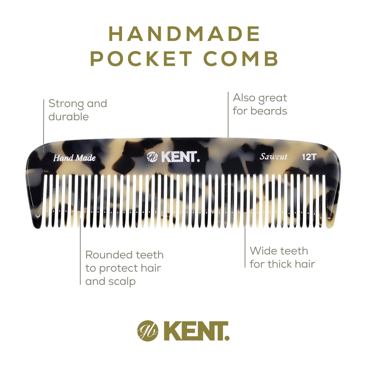 Kent 12T TW Pocket Comb - Handmade Wide Tooth Hair Comb for Men, Women, and Kids - Travel, Beard, and Mustache Comb - Saw Cut and Hand Polished Made