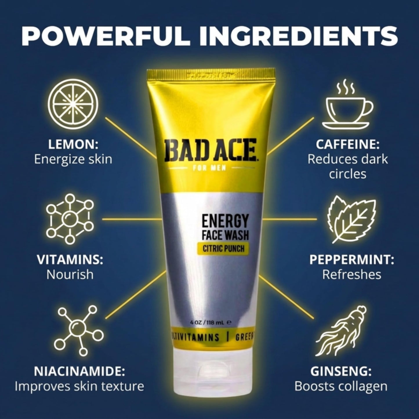 BAD ACE Energy Daily Face Wash | Korean Skin Care Formula Mens Face Wash for Dry Skin, Sensitive, Acne-Prone | Facial Cleanser for Men with Vitamins Beauty & Personal Care BAD ACE