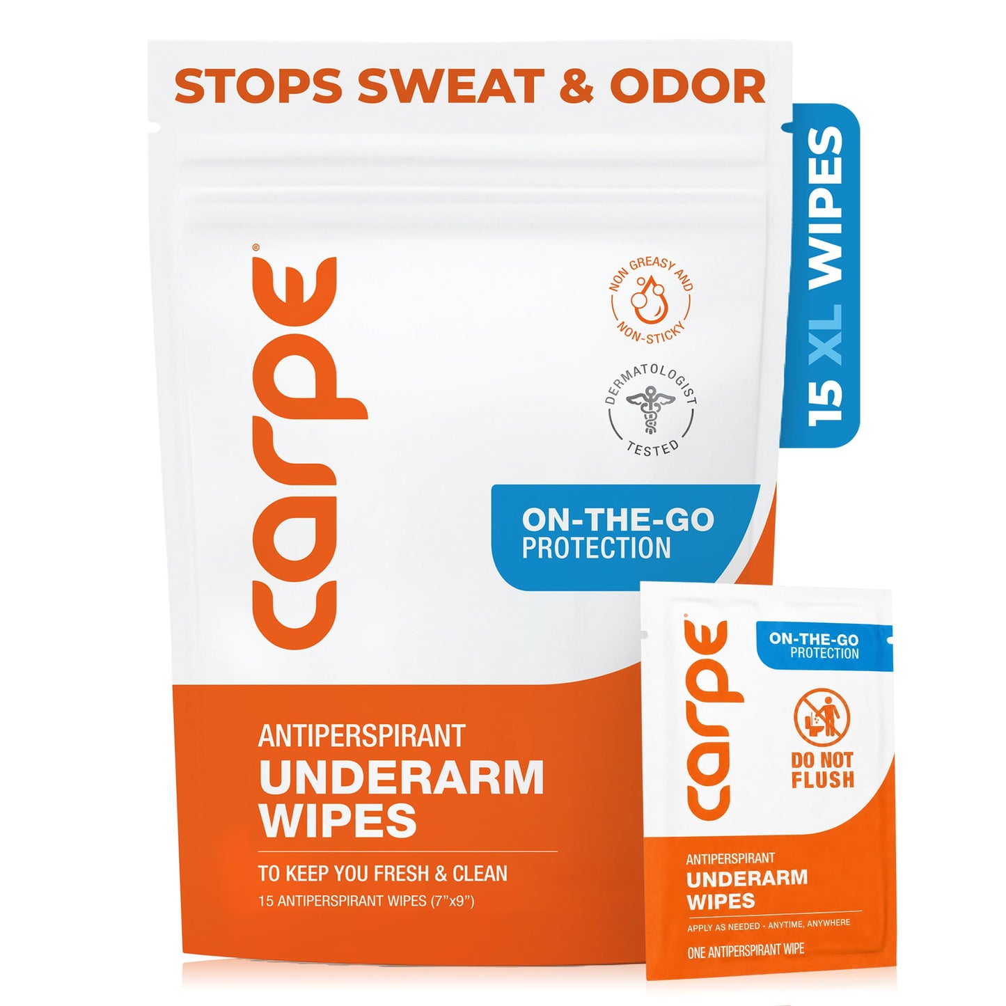 Carpe Antiperspirant Underarm Wipes for Sweat Blocking, Deodorizing, and Cleansing When You’re On the Move - 15 Residue Free, Individually Wrapped Beauty and Personal Care Carpe