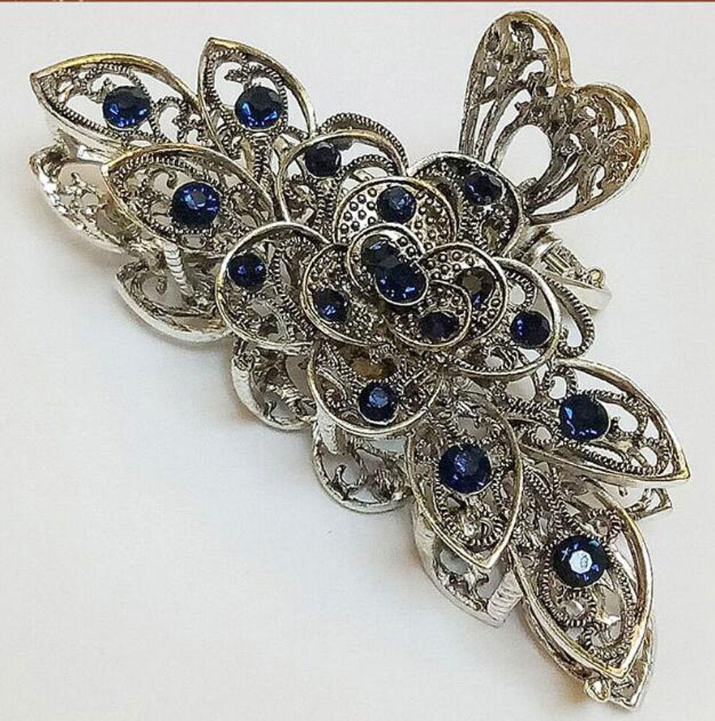 Women Fashion Retro Metal Alloy Rhinestone Large Size Fancy Hair Claw Jaw Clips Pins for Thick Hair (Ink-Blue Colour 1) Beauty & Personal Care Suoirblss