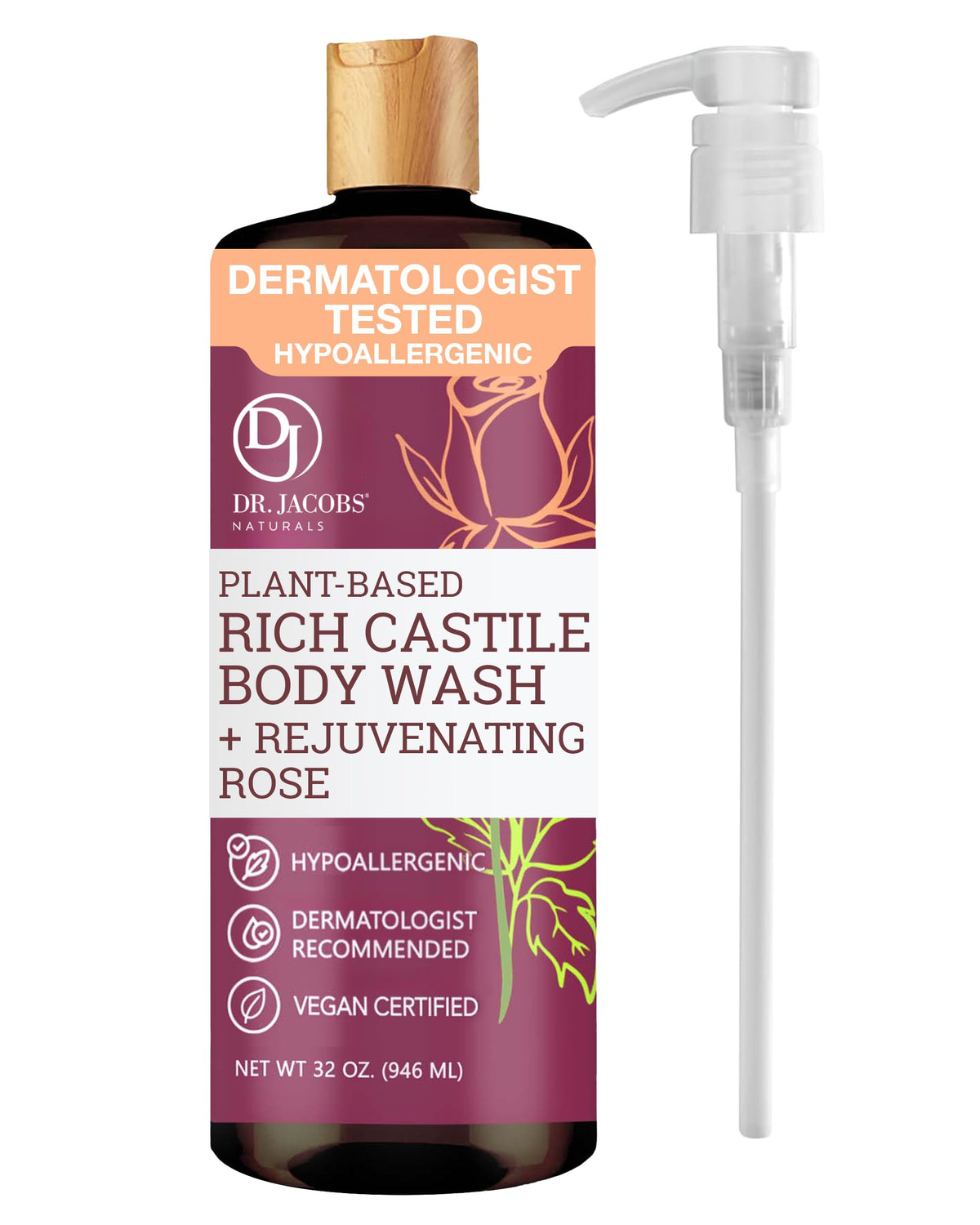 Dr. Jacobs Naturals Castile Rose All-Natural Body Wash for Moisturizing Dry and Sensitive Skin Shampoo with Plant-Based Ingredients Gluten Beauty & Personal Care DR.JACOBS NATURALS
