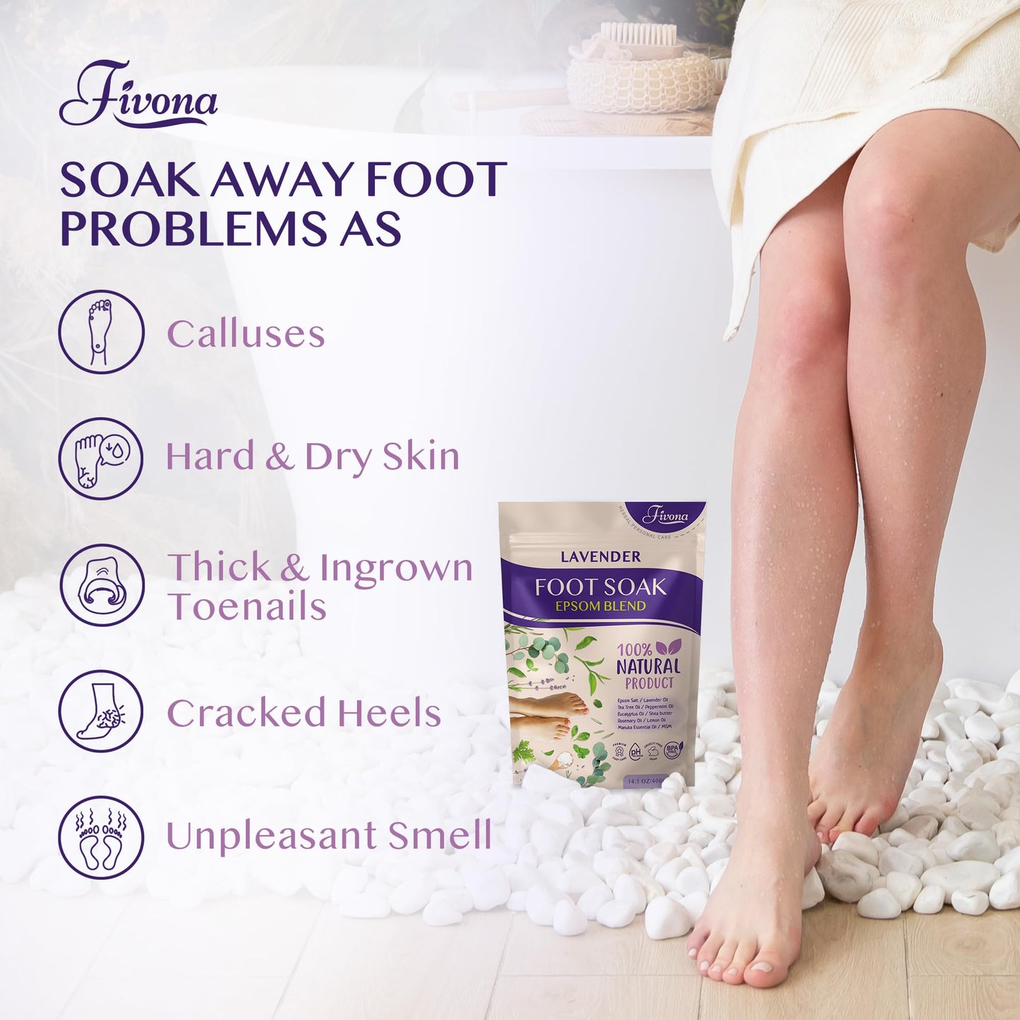 Fivona Foot Soak Blend Epsom Salt with Lavender 14.1 oz - Calming Foot Bath Salt, Relax & Renew Tired Feet, Soothe Soreness, Soften Calluses Beauty and Personal Care FIVONA