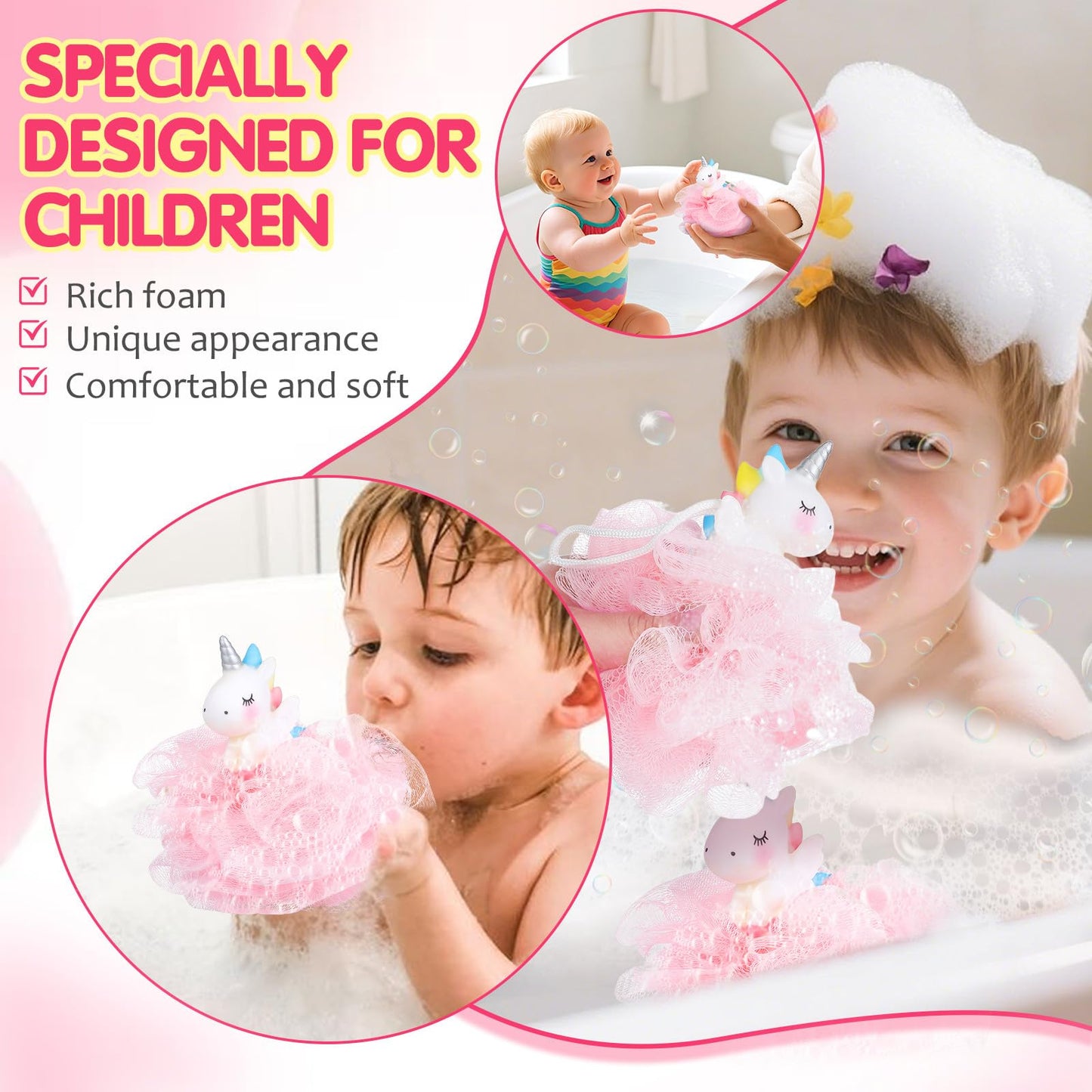 Sewroro 2 Pcs Unicorn Kids Shower Loofah Bath Sponge Body Exfoliating Scrubber Soft Cartoon Loofahs for Girls Bathing Beauty and Personal Care Sewroro