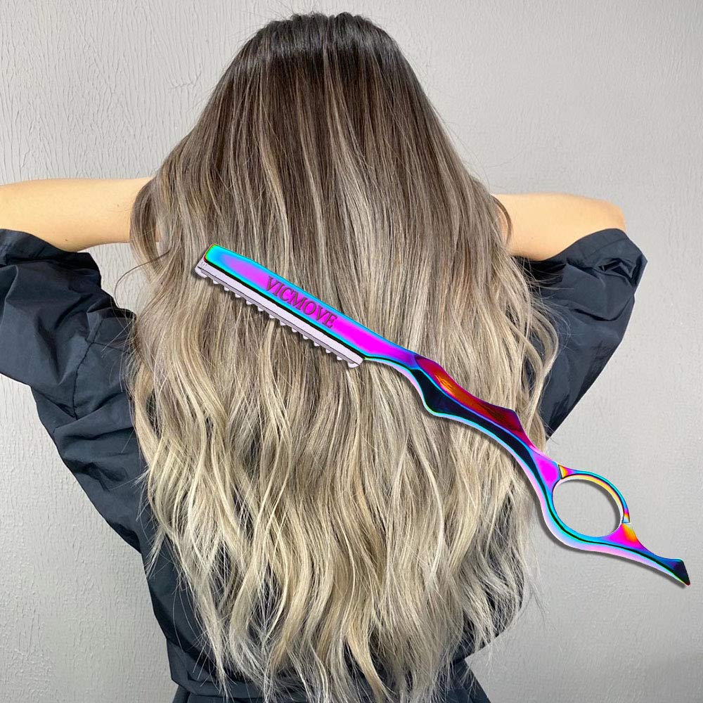 Professional Hair Styling Thinning Texturizing Cutting Feather Razor + 10 Replacement Blades Stainless Steel Rainbow Color Beauty and Personal Care VICMOVE