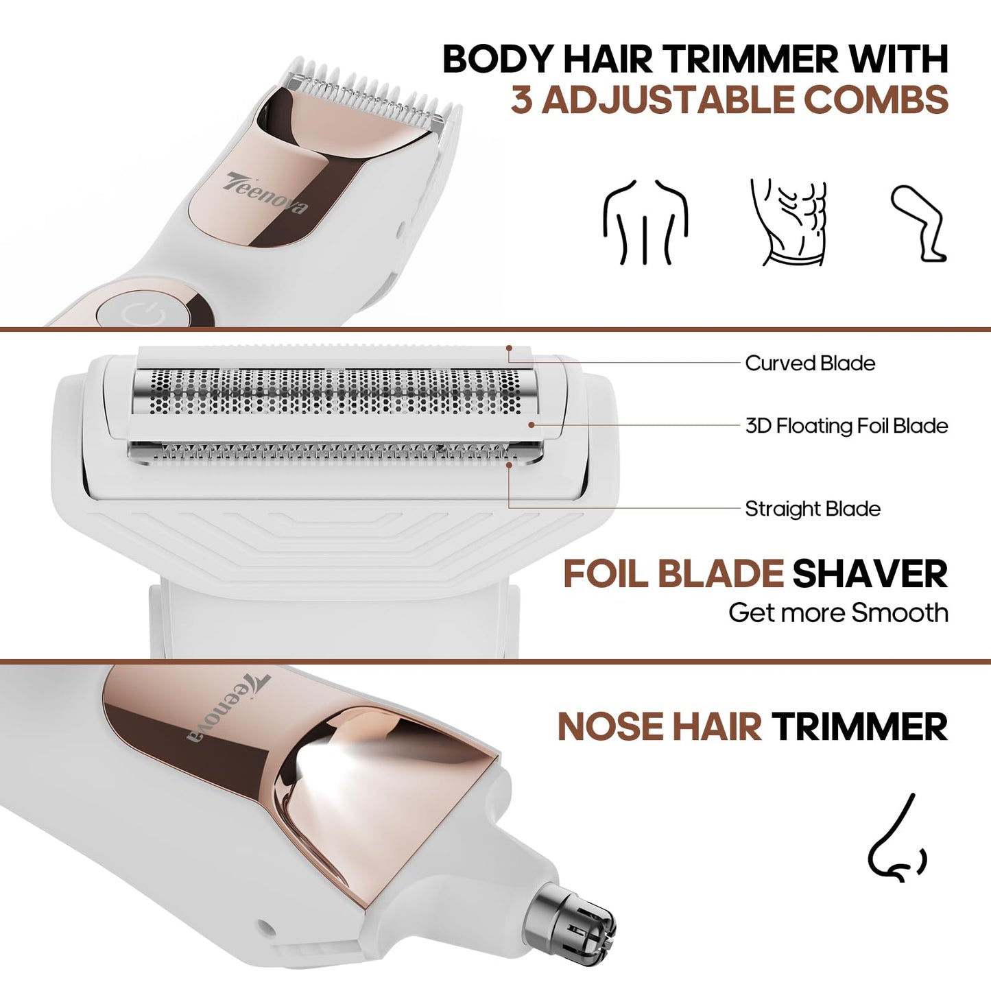 TEENOVA Manscape Body Hair Trimmer for Men, No Nick Pubic Bikini Trimmer for Women, 3 in 1 Versatile Groin Shaver with Nose Hair Trimmer, Cordless Beauty and Personal Care TEENOVA