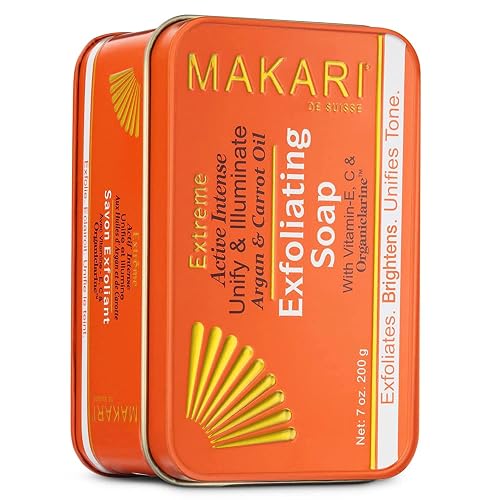 MAKARI Extreme Active Intense Argan & Carrot Oil Exfoliating Soap (7 oz) | Radiance-Boosting Bar | With Apricot Seed Extract & Vitamins C & E | Helps Beauty & Personal Care MAKARI