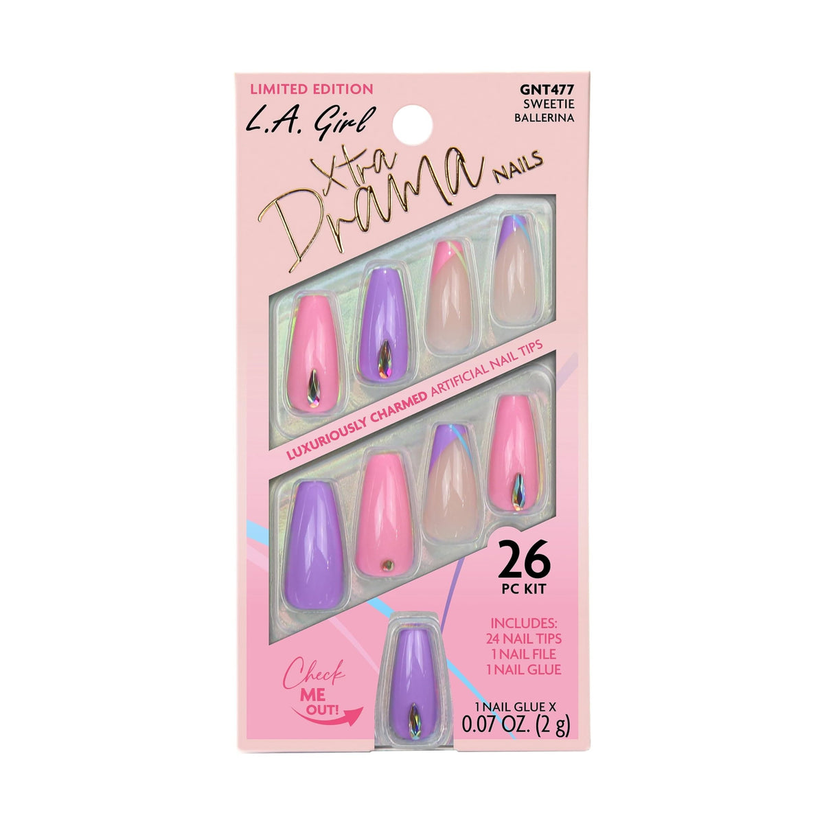 L.A. Girl 26PC Xtra Drama Nails W/Glue, Sweetie GNT477G