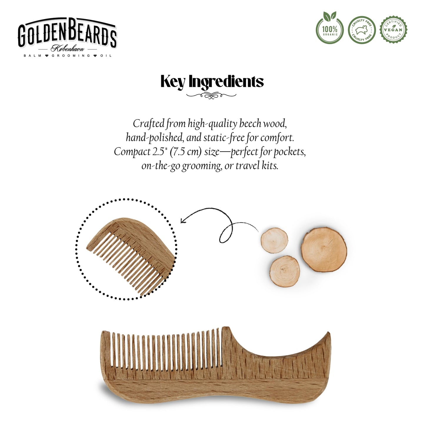 Golden Beards Eco Wood Moustache Comb 2.5 in - Fine Tooth Beechwood Comb for Shaping, Styling & Detangling Mustache - Eco-Friendly, Handmade Beauty and Personal Care Golden Beards Kobenhavn BALM GROOMING OIL