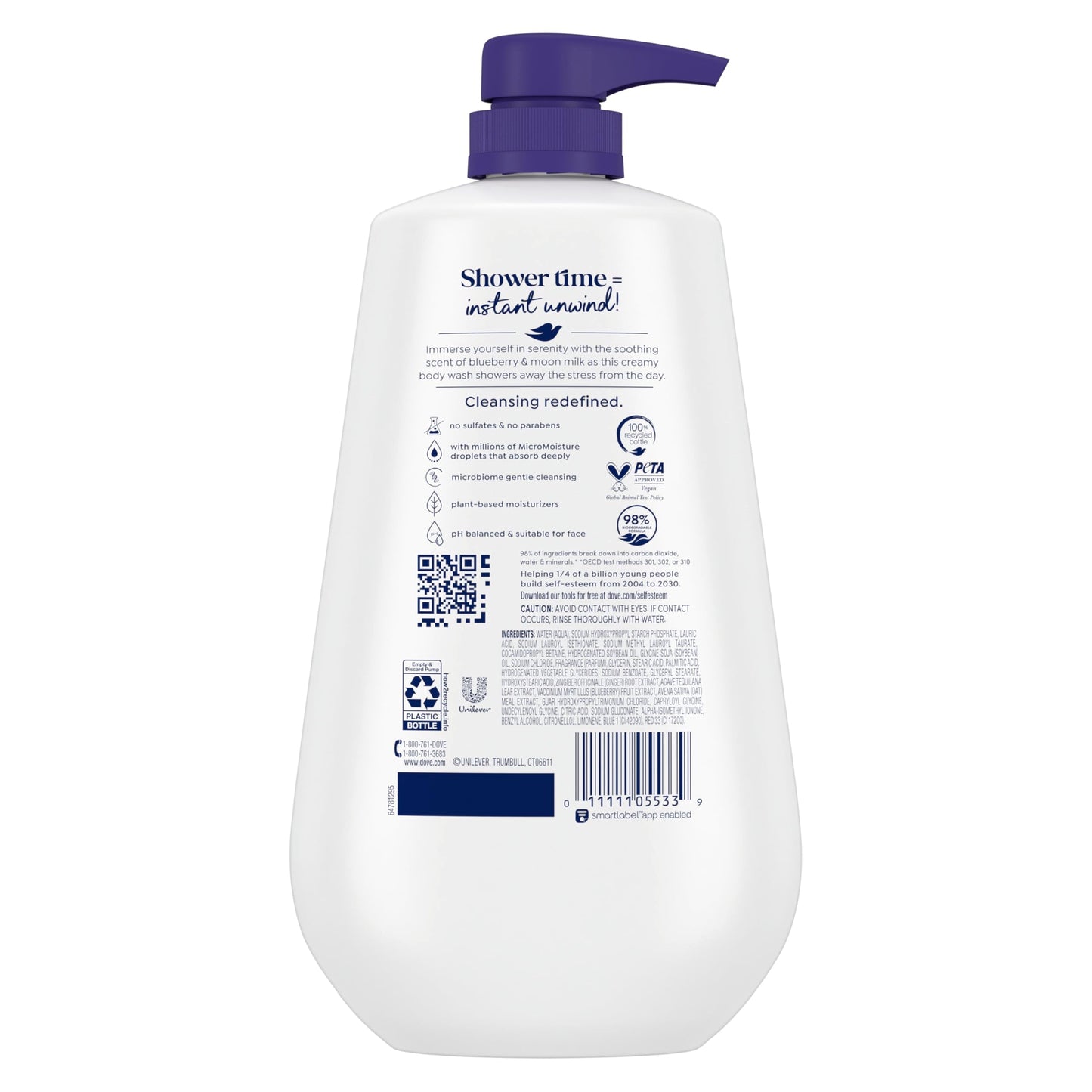Dove Body Wash Unwind Blueberry & Moon Milk For 24hr Lotion-Soft Skin Moisturizing Skin Cleanser with No Sulfates No Parabens 30.6 oz Beauty & Personal Care Dove