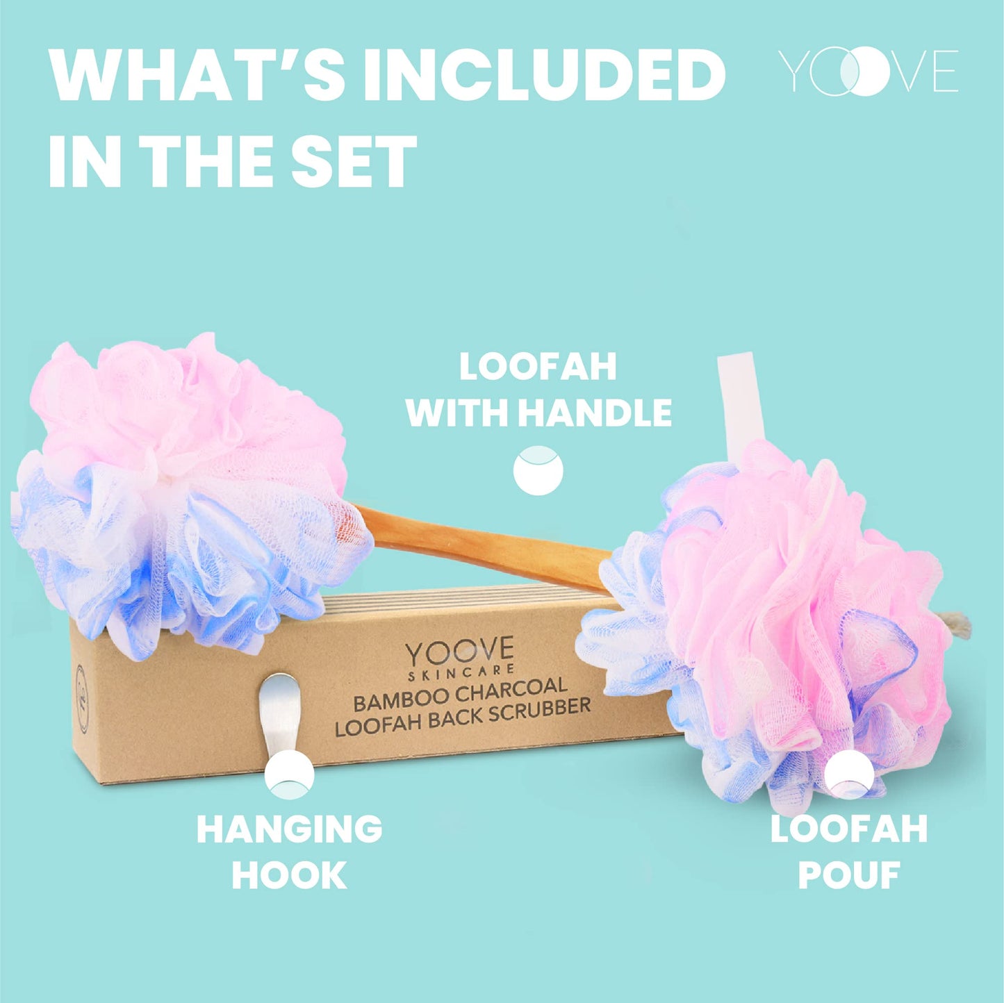 Yoove Loofah Back Scrubber w/Bamboo Charcoal Fiber Infused Bath Sponge, Wooden Handle, Luffa Pouf, Sponge Stick & Hanging Hook for Men & Women, Pink Beauty & Personal Care Yoove