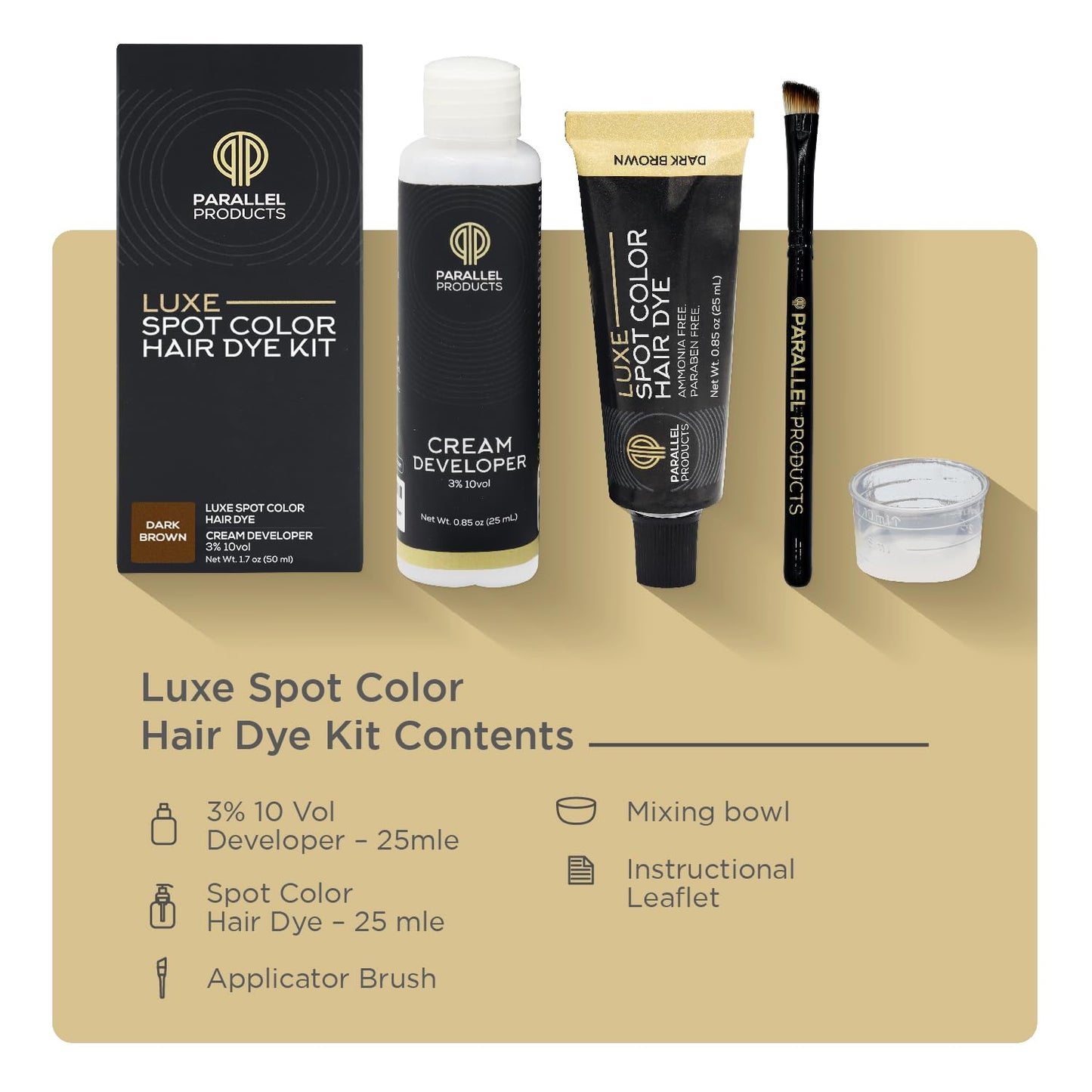 Parallel Products - Luxe Color (Dark Brown) - Cream Hair Dye - 25mL - Tint for Professional Spot Coloring - With Cream Developer, Mixing Dish Beauty & Personal Care PARALLEL PRODUCTS
