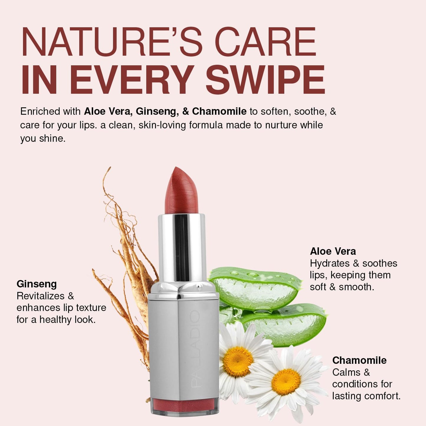 Palladio Herbal Lipstick, Rich Pigmented and Creamy, Infused with Aloe Vera, Chamomile & Ginseng, Prevents Lips from Drying, Combats Fine Lines, Long Beauty & Personal Care Palladio