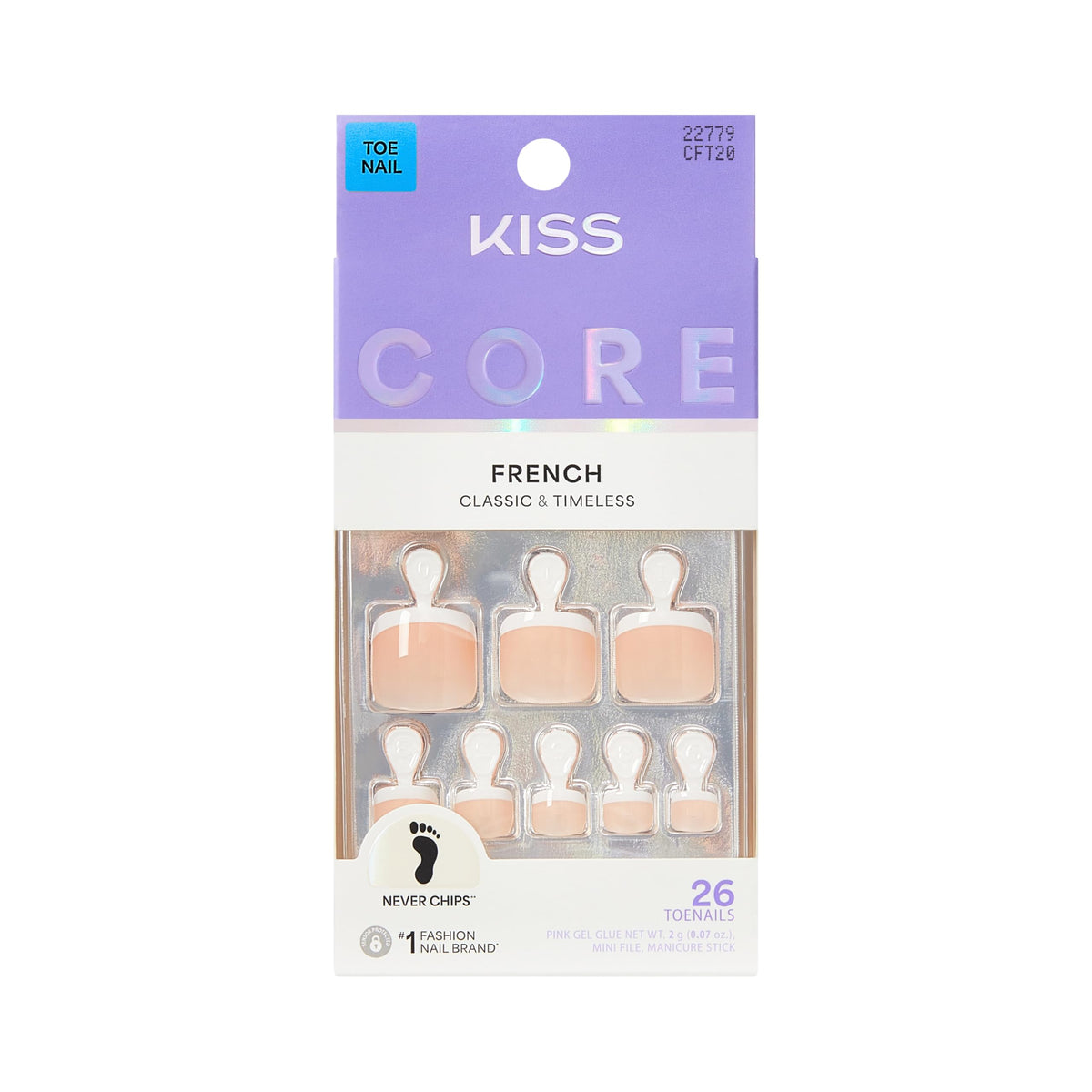 Kiss Core, Press On Nails, Nail glue included, 'Two of a Kind', White, Short Size, Squoval Shape, Includes 26 Toenails, 2g Glue, 1 Manicure Stick, 1