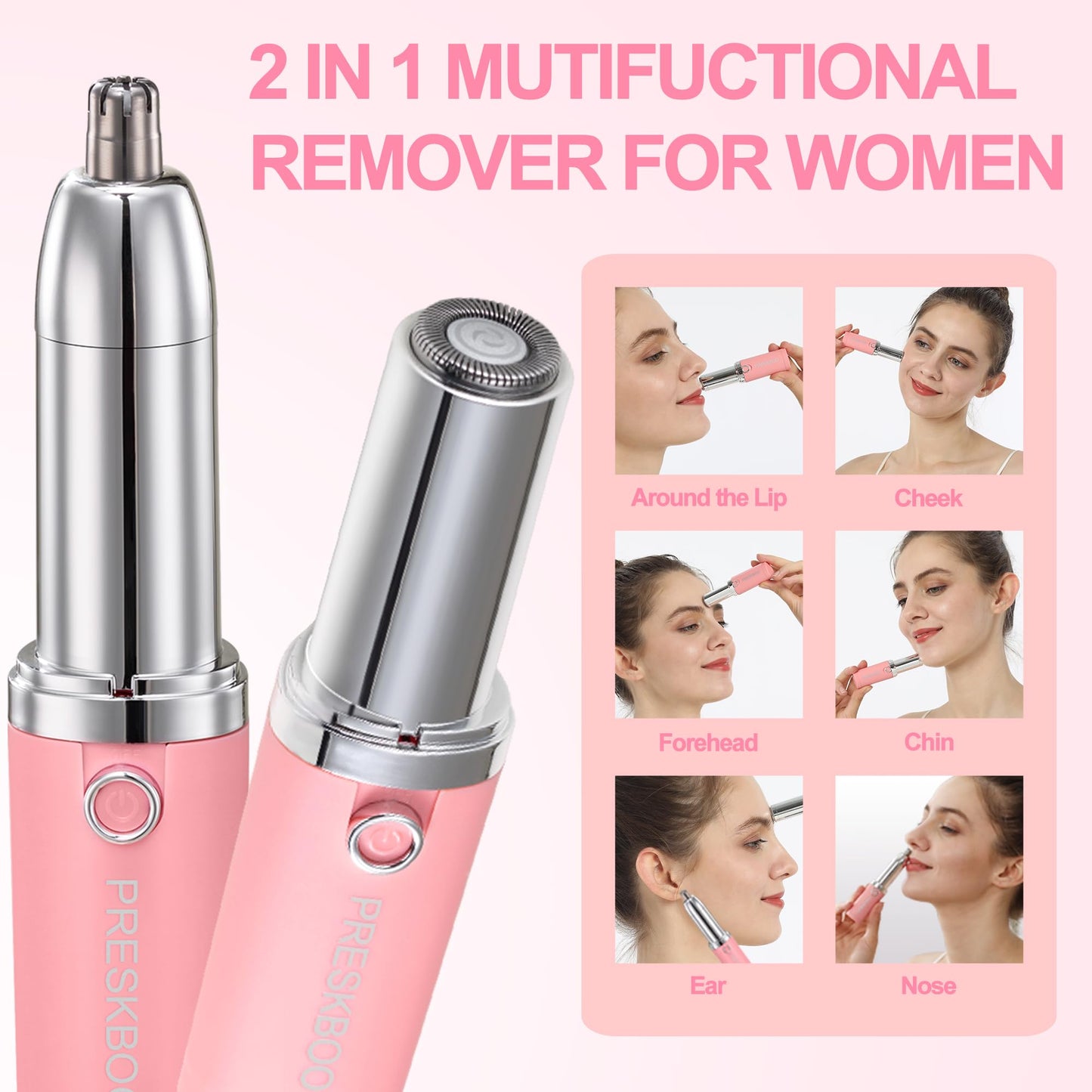 PRESKBOO Nose Hair Trimmer for Women 2in1 Facial Hair Removal Trimmers- Waterproof, Portable with Travel Bag- Trims Nose, Ear, Eyebrow,Peach-Fuzz Beauty and Personal Care PRESKBOO
