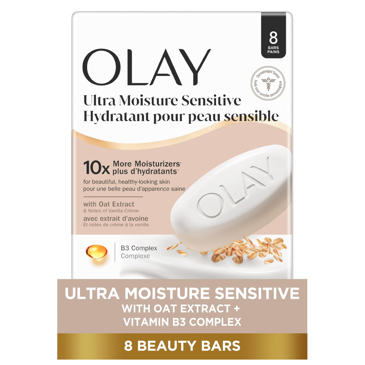 Olay Beauty Bar for Sensitive Skin, Ultra Moisture, 10x More Moisturizers, Nourishing Conditioners, Gentle on Skin, Vitamin B3 Complex, Oat Extract Beauty & Personal Care Olay