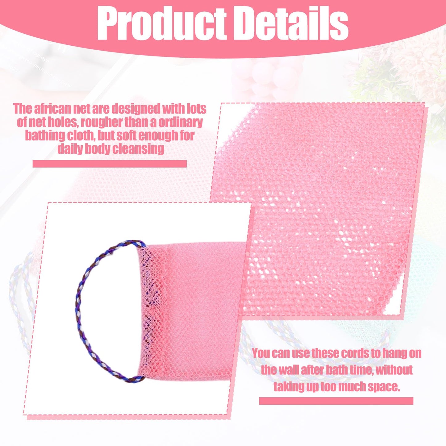 WJIAAA 3 Pieces African Net Sponge with Handles, Back Scrubber for Shower Exfoliating, Stretchable Authentic African Exfoliating Net Sponge Back Beauty and Personal Care WJIAAA