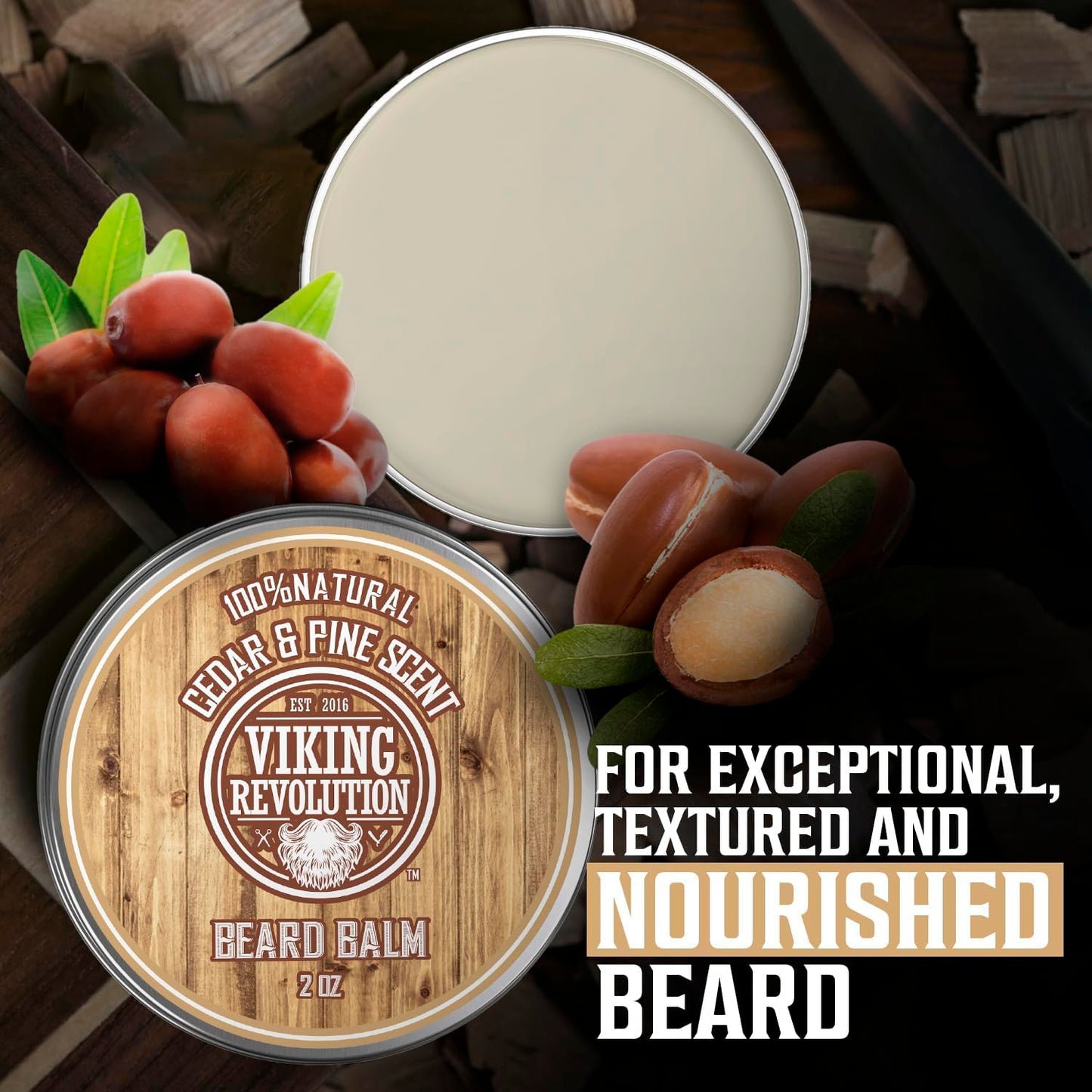 Viking Revolution Cedar & Pine Beard Balm - Butter with Argan Oil, Softener & Moisturizer for Men - Wax for Beards (2oz, 1 Pack) Beauty & Personal Care Viking Revolution