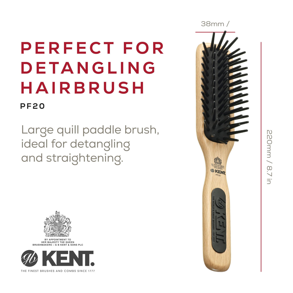 Kent PF20 Narrow Cushion Paddle Brush - Taming Fat Pins, Detangling Long Thick and Curly Hair, Scalp Massager and Growth Stimulator for All Hair