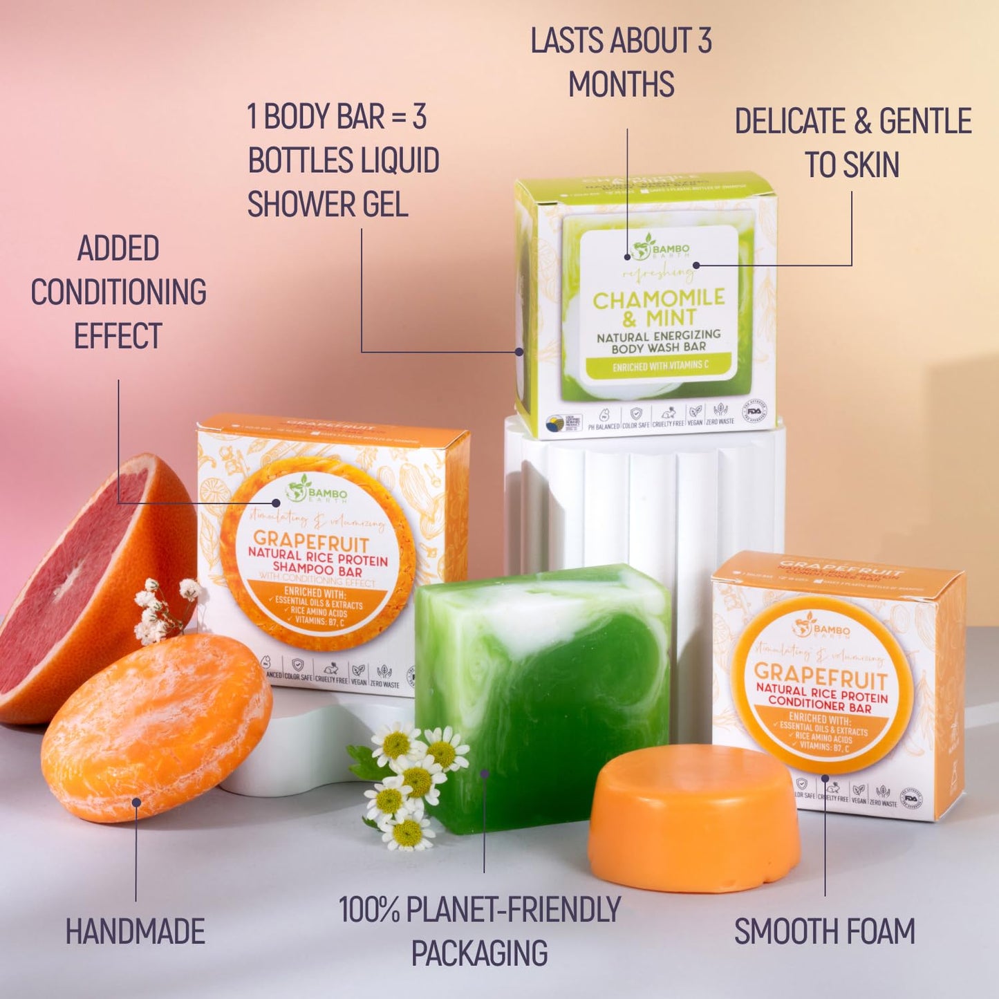 Solid Rice Protein Shampoo, Conditioner and Body Wash Bundle | Shampoo, Conditioner & Wash Bars For Hair and Body w/All Natural Essential Oils & Zero Beauty & Personal Care BAMBOEARTH