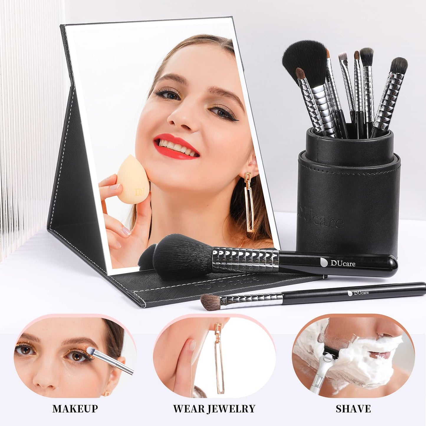DUcare Folding Mirror Portable Travel PU Portable Adjustable Rectangular Ultrathin Vanity Mirror with Stand Black Beauty & Personal Care DUcare