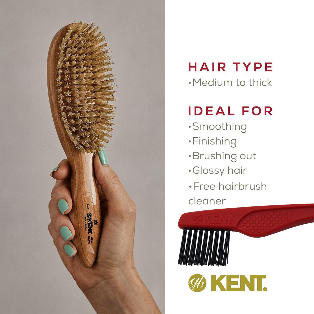 Kent LC4 Finest Detangler Brush, Cherrywood Oval Hairbrush with Boar Bristles for Medium to Thick Hair of All Lengths, Salon-Style Straightening Tool