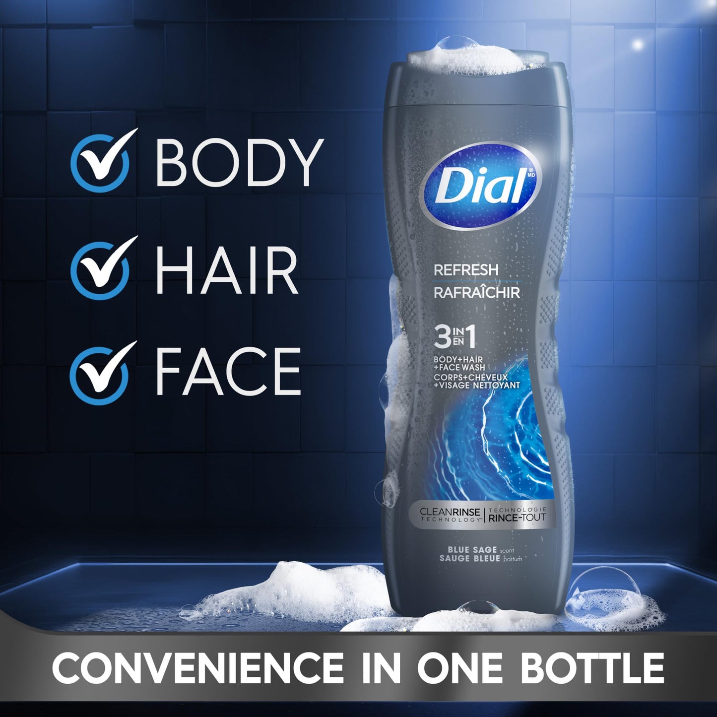 Dial Men 3 in 1 Body, Hair and Face Wash, Refresh, 16 Fl Oz (Pack of 4), Blue Sage Scent, Cleanses Deep + Gentle on Skin with Clean Rinse Technology Beauty & Personal Care Dial