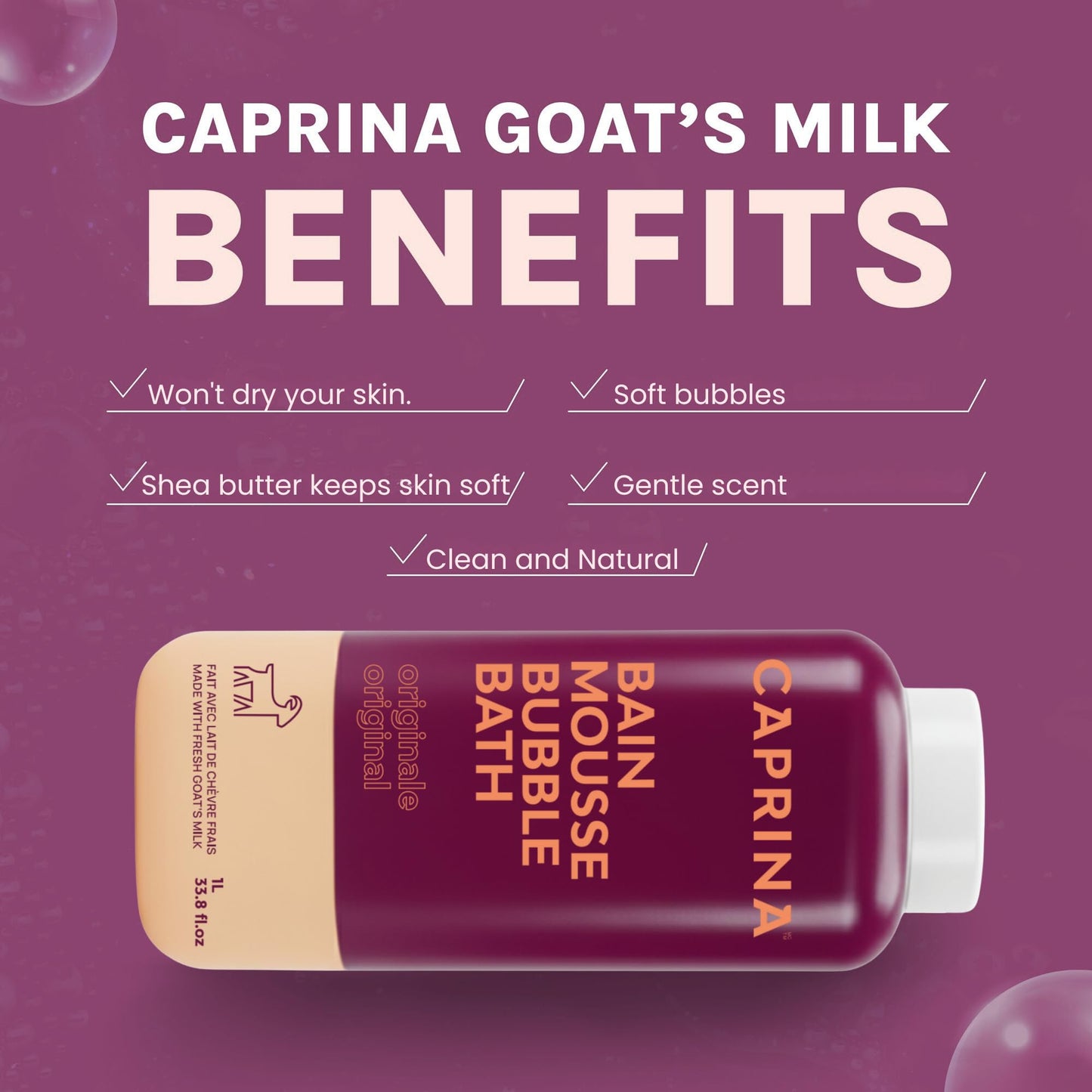 Caprina by Canus Goat Milk Bubble Bath, Original, 1 L (33.8 fl oz), Hydrating Relaxing Foam Bath, Moisturizing & Gentle on Skin, Made in Canada Beauty and Personal Care Caprina by Canus