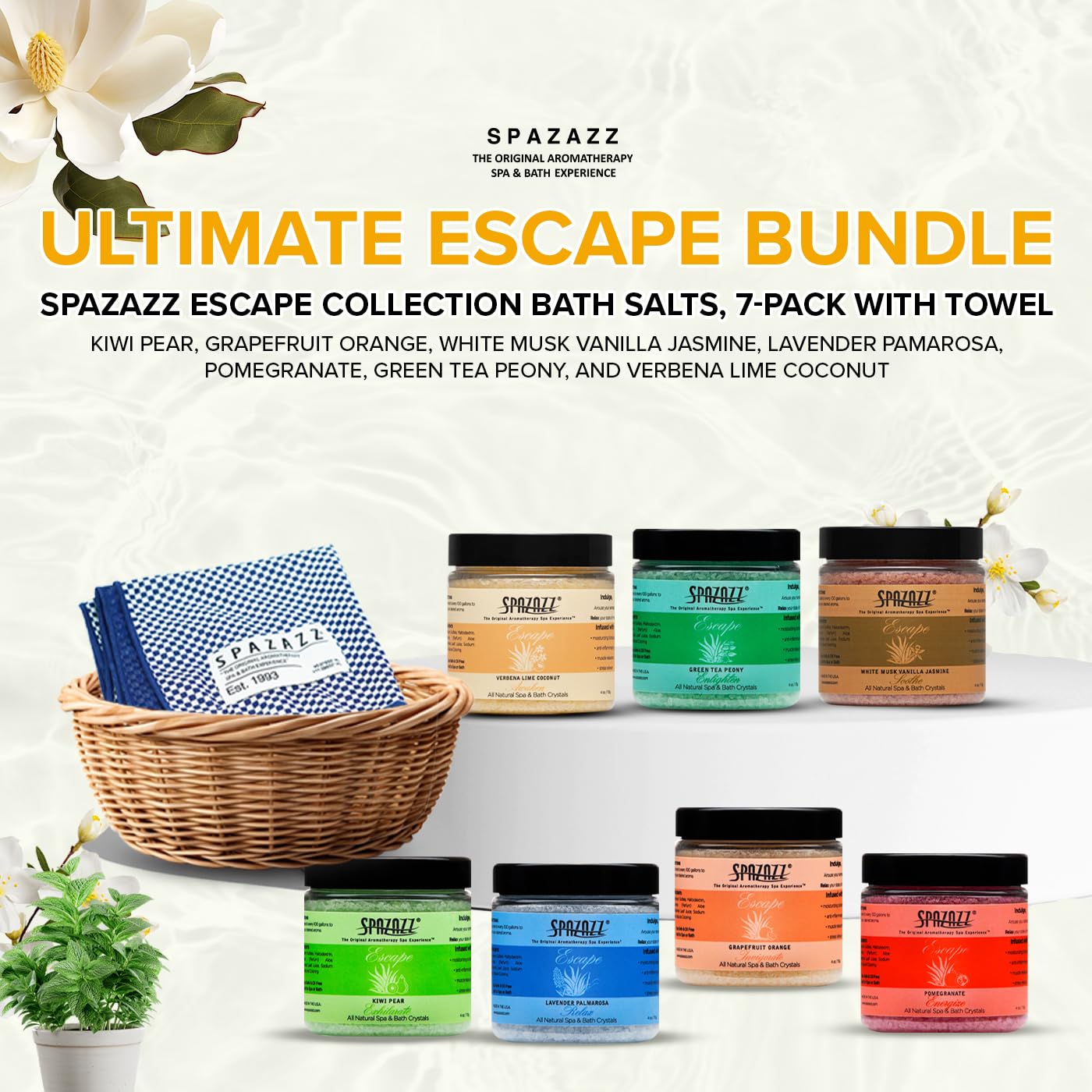 Hot Tub & Spa Bath Salt Aromatherapy Crystals - Spazazz Escape Collection 4 Oz 7-Pack Sampler & Hot Cold Towel - Lavender, Lime Coconut, Green Tea Beauty and Personal Care Spazazz