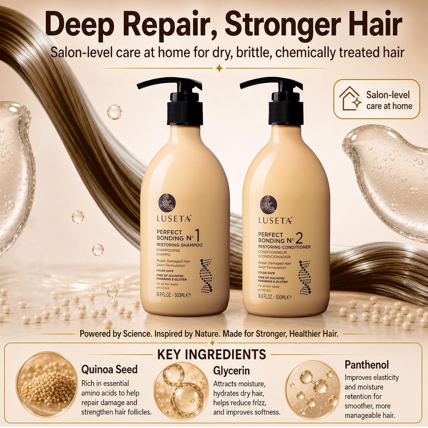 LUSETA Bond Repair & Revitalizing Shampoo and Conditioner Set for Chemically Damaged Hair. Deep Moisture to Smooth Frizz & Add Shine. Strengthens Hair Beauty & Personal Care L LUSETA