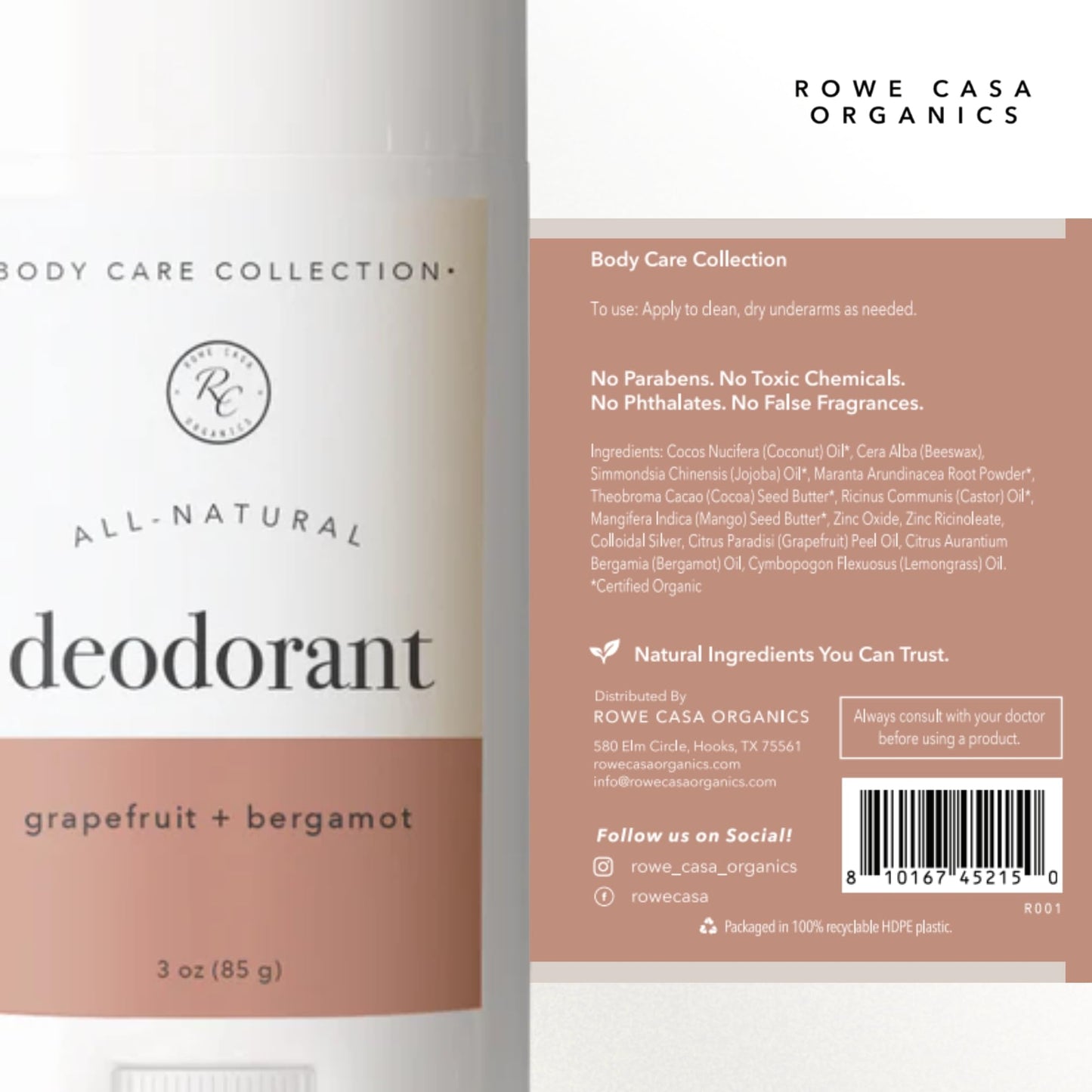 Rowe Casa Organics Grapefruit + Bergamot Aluminum Free Deodorant for Men and Women, Sweet and Citrusy Paraben-Free Deodorant Stick Beauty and Personal Care Rowe Casa Organics
