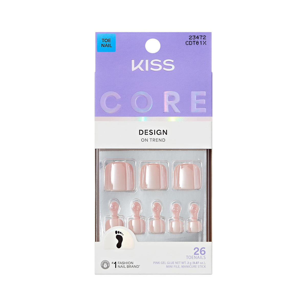 Kiss Core, Press On Nails, Nail glue included, 'Toe-tally Glam', Pink, Short Size, Squoval Shape, Includes 26 Toenails, 2g Glue, 1 Manicure Stick, 1
