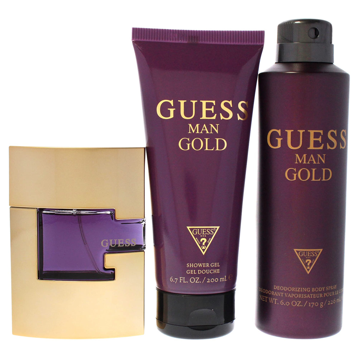Guess Gold 3 Pc Gift Set 2.5oz EDT Spray, 6.0oz Deodorizing Body Spray, 6.7oz Shower Gel GIFTSET