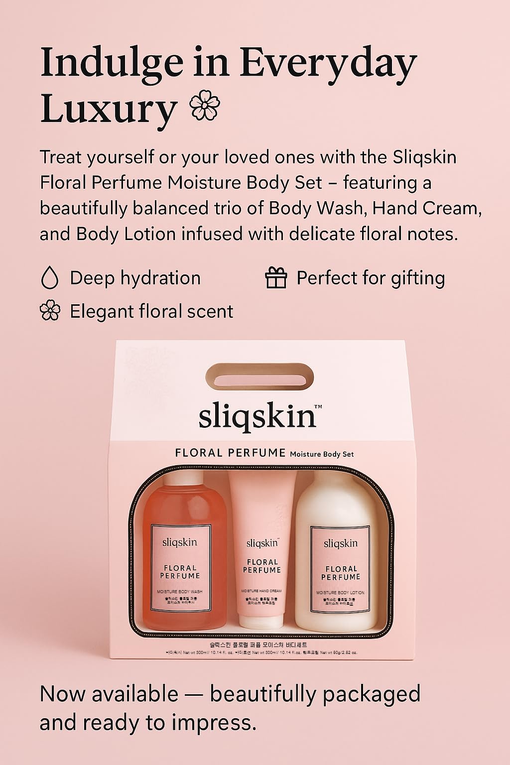 Sliqskin Floral Perfume Moisture Body Set, Body Care Trio, Hydration, Long-lasting scent, Gift Set, Cherry Blossom Extract Beauty and Personal Care sliqskin