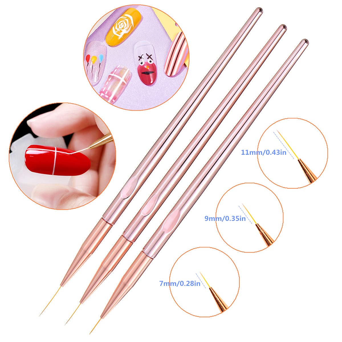 FULINJOY 3 Pcs Rose Gold Nail Art Liner Brushes Set, UV Gel Acrylic Application Nail Pens Nail Art Designs Tools(7mm/9mm/11mm) Beauty & Personal Care FULINJOY