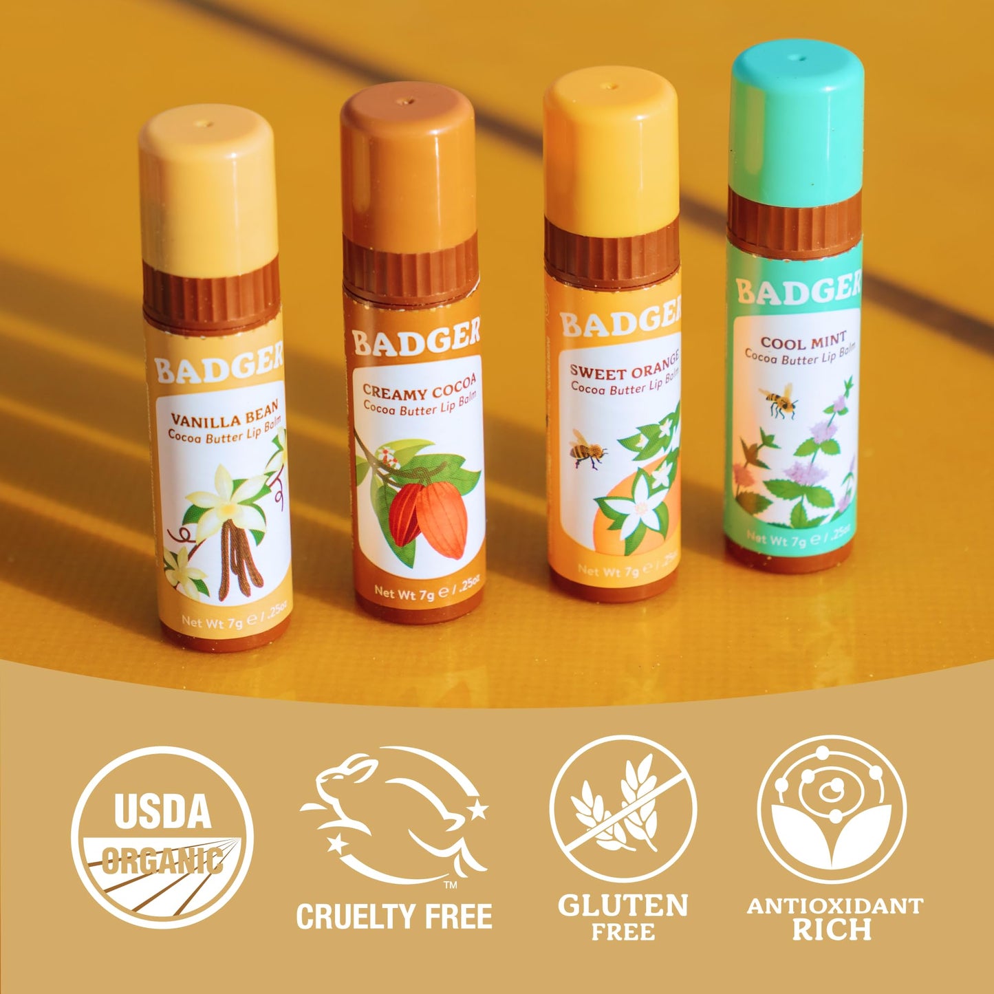 Badger Vanilla Bean Cocoa Butter Lip Balm, Long Lasting Hydrating Lip Care, 100% Organic Lip Balm, Large Size Stick, 4-pack Beauty and Personal Care Badger