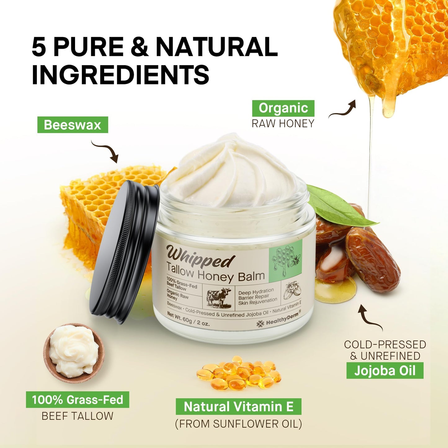 Beef Tallow Honey Balm for Skin: 100% Grass Fed Organic Moisturizer with Organic Raw Honey, Jojoba Oil, Vitamin E - Natural Face and Body Care Beauty and Personal Care HealthyDerm