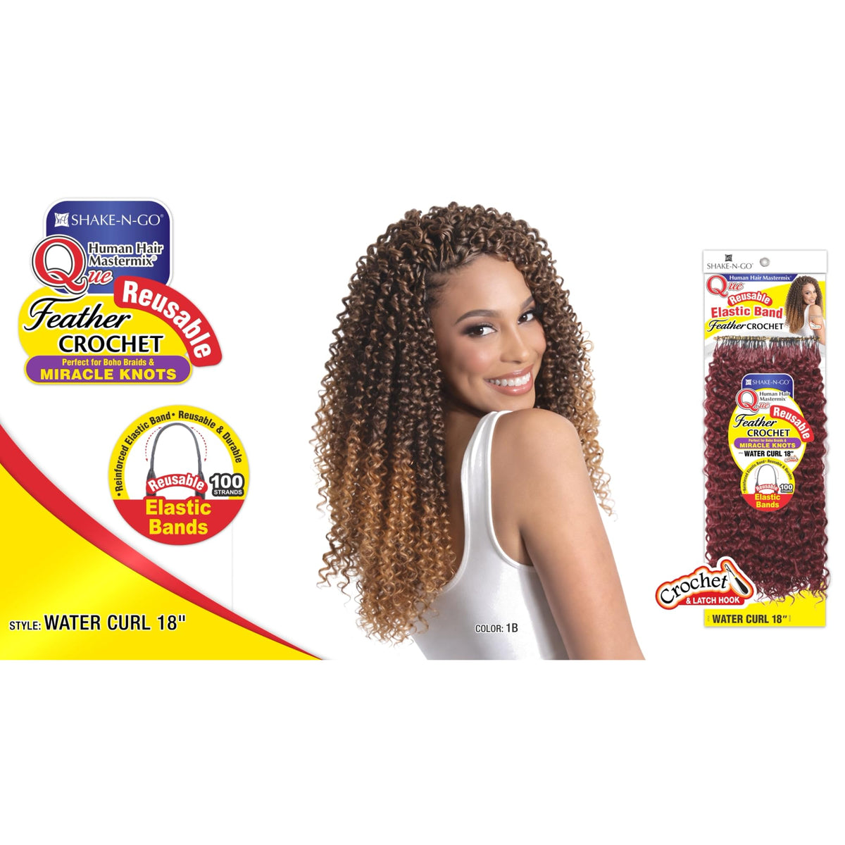 Shake-N-Go Que Hair extension - Human hair blend Miracle knots Feather crochet - Water curl 18" (1B)