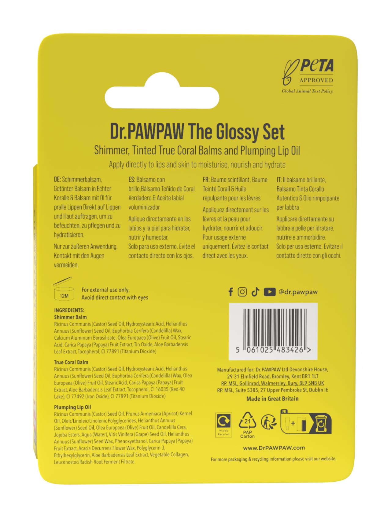 Dr. PawPaw Glossy Set - Lip Balm and Oil Giftset - Nourish and Moisturize with Olive Oil and Aloe Vera - Improve Elasticity with Collagen - 3 pc Beauty and Personal Care Dr. PAWPAW ORIGINAL BALM