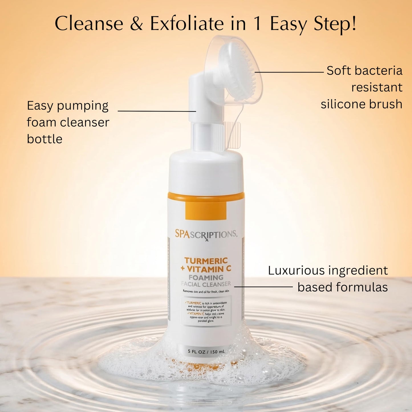 SpaScriptions 2 in 1 Cleanse & Exfoliate Foaming Facial Cleanser - Turmeric & Vitamin C Face Wash with Silicone Brush for Dull & Uneven Skin Tone Beauty & Personal Care SpaScriptions