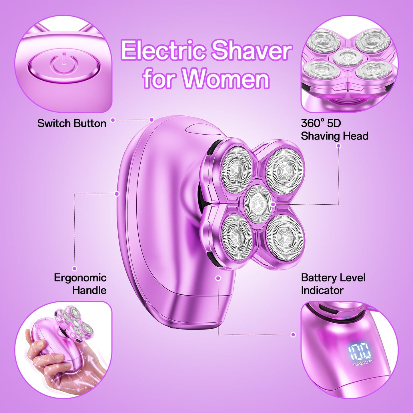 Electric Razors for Women, Waterproof Wet/Dry Womens Electric Razor, Replacement Heads Womens Face Shavers for Legs, Arms, Bikini, Lips, Underarms Beauty and Personal Care Burtily