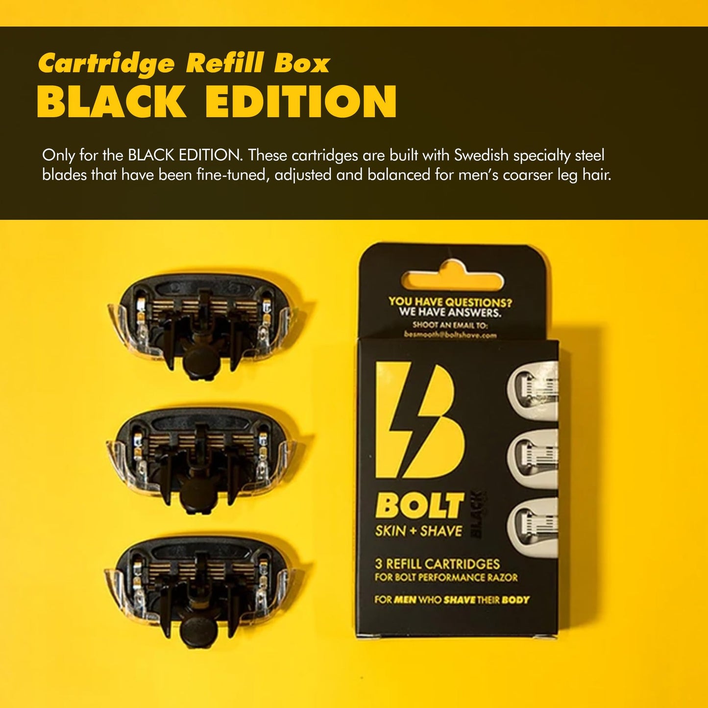 BOLT Skin + Shave - Cartridge Refill Black Edition - 5-Blade Swedish Steel - Aloe & Vit E - Flex Head - Smooth Shave - 3 Refill Cartridges Beauty and Personal Care BOLT SKIN + SHAVE