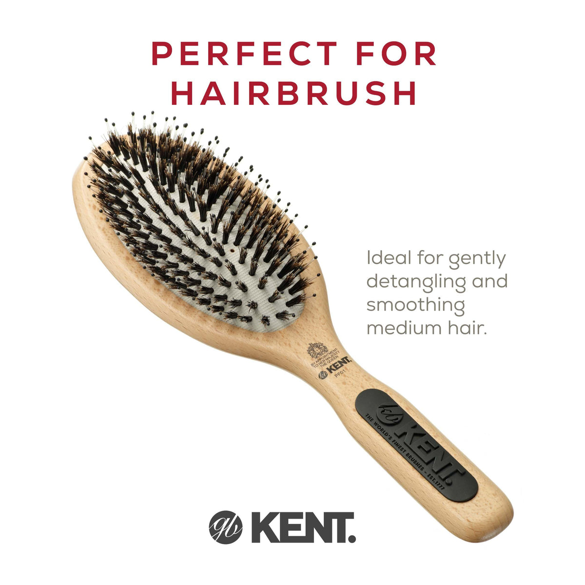 Kent PF01 Large Cushion Detangler Brush, Boar Bristle and Non-Scratch Nylon Mix Hairbrush for Straightening Smoothing. Oval Wood Paddle Detangling
