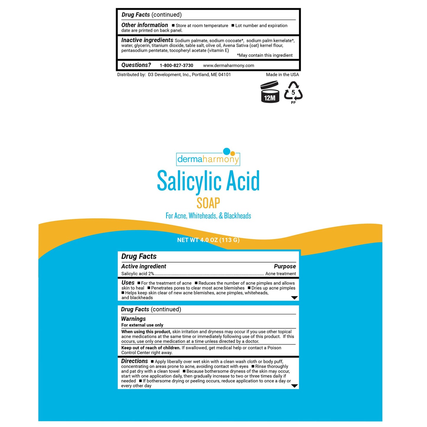 Dermaharmony 2% Salicylic Acid Body and Facial Bar Soap For Acne, Whiteheads and Blackheads (Three 4 oz Bars) Beauty & Personal Care Dermaharmony