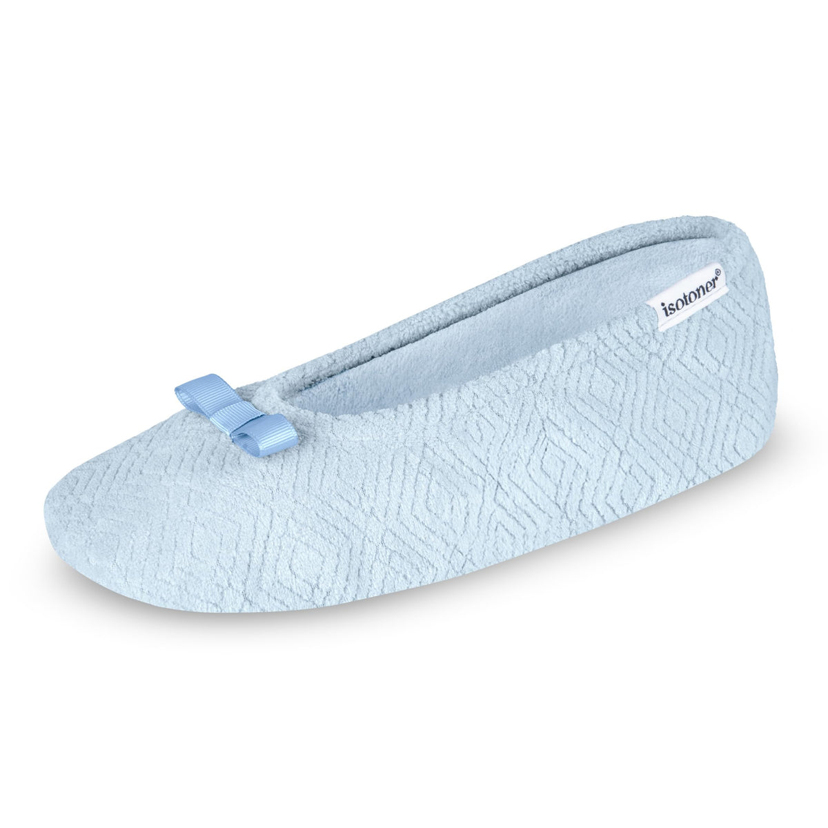 isotoner Women's Diamond Microterry Gemma Ballerina Slippers with Memory Foam Comfort and Genuine Suede Sole, Blue Fog Diamond, 5-6