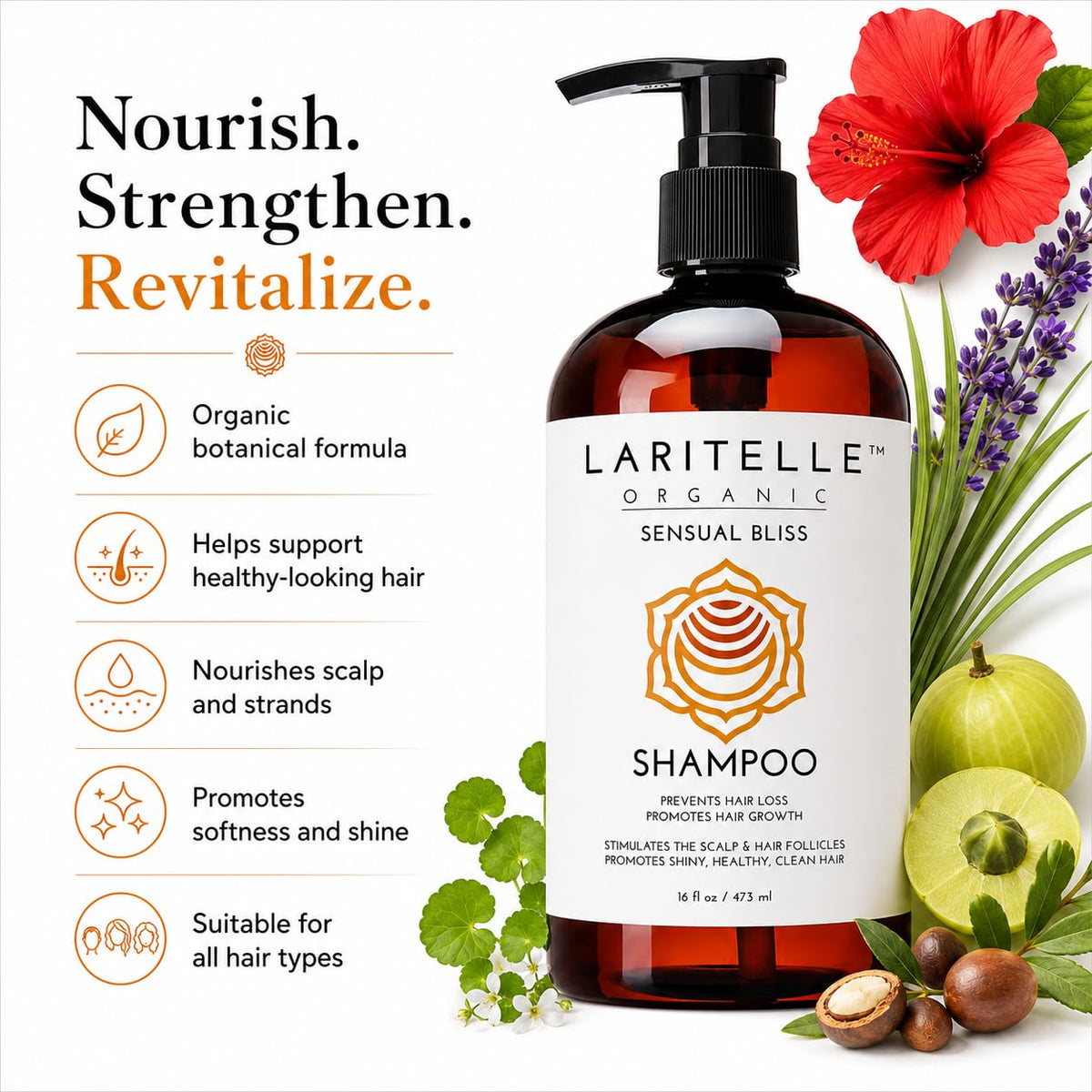 Laritelle Organic Shampoo Sensual Bliss 17.5 oz | Argan Oil, Rosemary, Palmarosa | Sulfate-Free, Vegan, Color-Safe