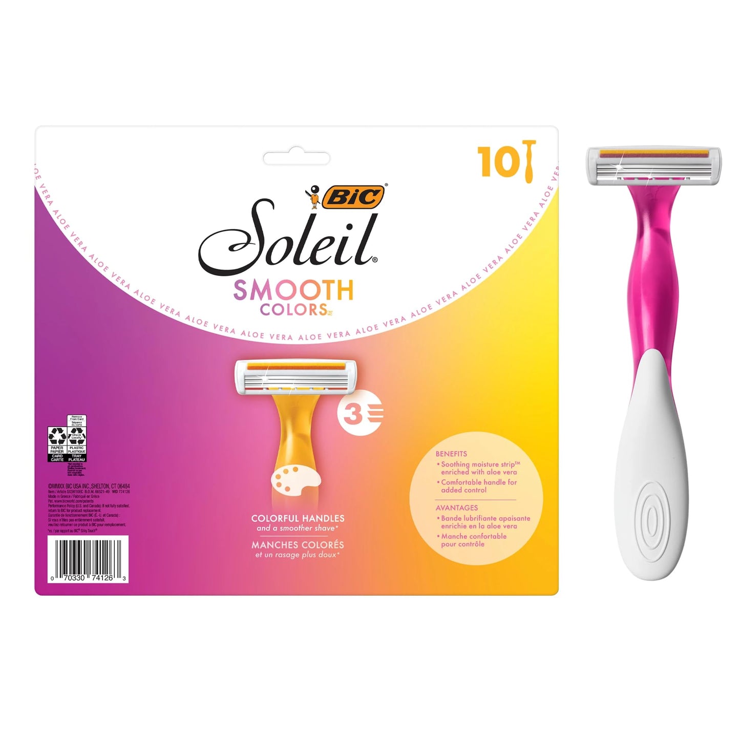 BIC Soleil 3 Colors Women's Disposable 3 Blade Razors, Colorful Handles and Moisture Strip, 10-Pack Beauty and Personal Care BIC
