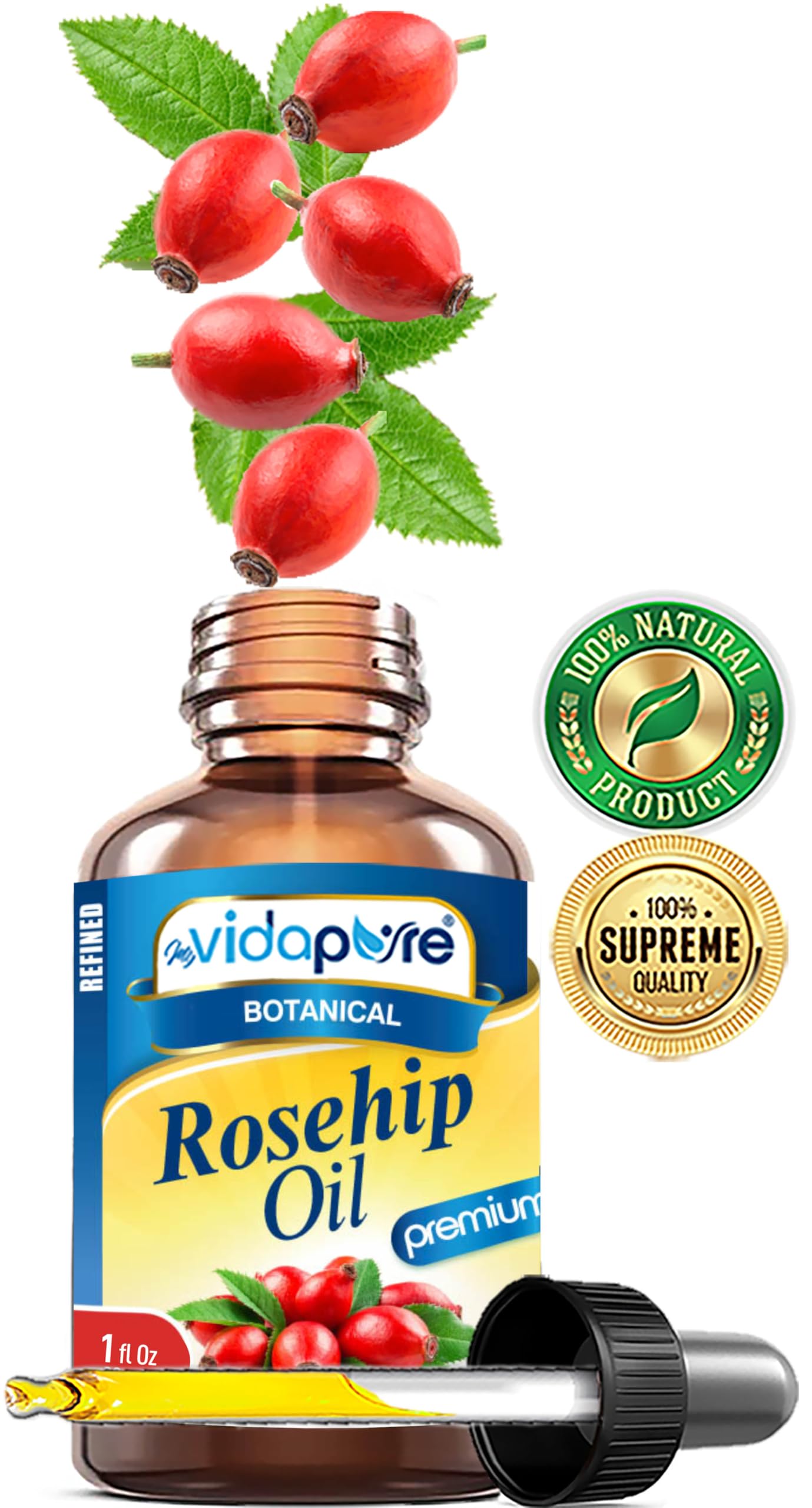 MYVIDAPURE Rosehip Oil Vitamin A, Vitamin C, Vitamen E for Wrinkles, Scars, Stretch Marks, Face, Body, Hair, Lip Care. (1 Fl Oz) Beauty & Personal Care MYVIDAPURE