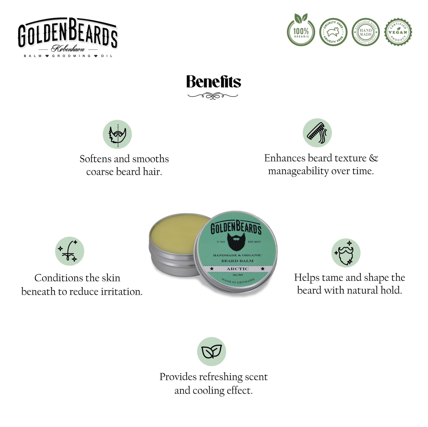 Golden Beards Organic Beard Balm Arctic - Shea, Cocoa & Beeswax Blend with Peppermint, Tea Tree & Orange Scent - 60ml Vegan Handmade Styling Balm Beauty and Personal Care Golden Beards Kobenhavn BALM GROOMING OIL