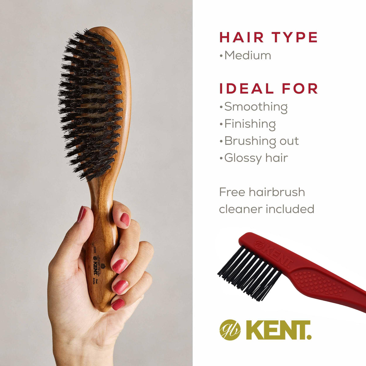 Kent LC22 Finest Hair Brushes for Women Detangler Dry Brush Made of Cherrywood - Boar Bristle Oval Hairbrush for Medium to Thick Hair All Lengths -