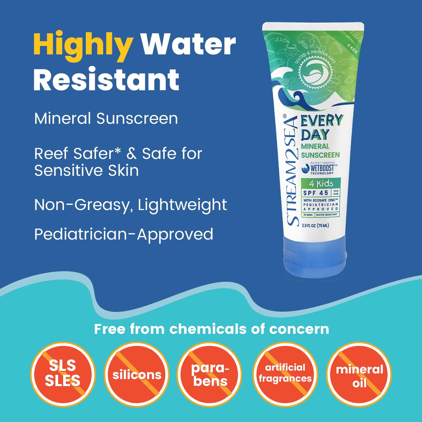 SPF 45 Every Day Kids Mineral Sunscreen | 2.5 Fl Oz Biodegradable, Paraben Free & Reef Safe Sunscreen for Face & Body for Kids | Non-Greasy Beauty & Personal Care STREAM 2 SEA